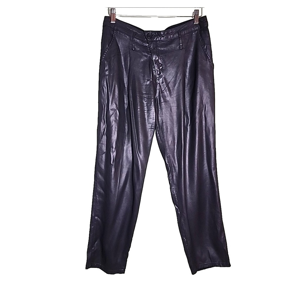 DWP Black Ankle Pants 27 Shiny Tencel Casual Pleated Pockets Mob Wife USA